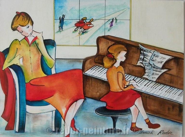 peinture technique mixte, leçon de piano avec une fillette