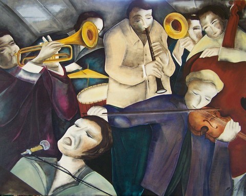 peinture huile sur toile. Musiciens noirs de jazz répétant dans un local