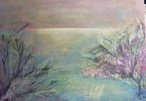 Grand pastel, paysage soleil couchant