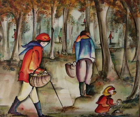 Huile sur toile. Calligraphie. Enfance. famille. Aux champignons. Automne