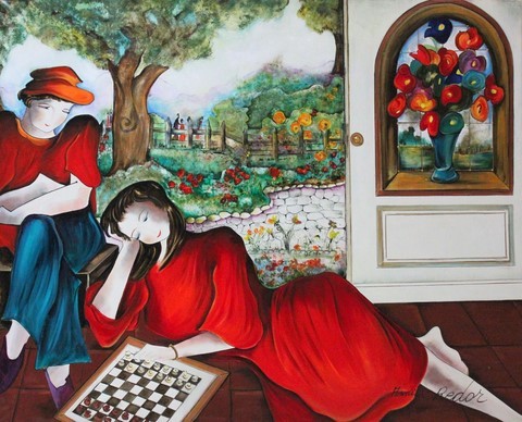 Peinture huile et calligraphie. Couple. Eté. Jeu d'échecs. Nature. Sérénité. Rouge