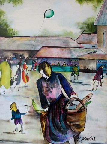 peinture mixte d'une mamy revenant du marché avec son petit fils. 