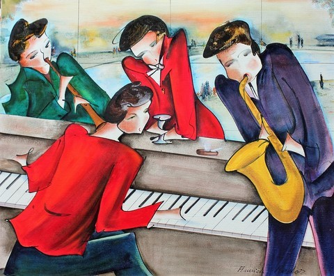 peinture mixte jazz, musique, piano, joie