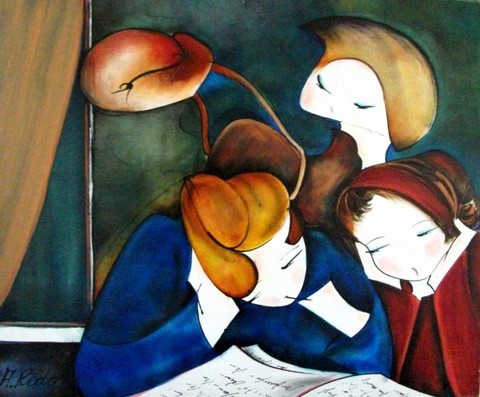 Huile sur toile. Calligraphie. Etudiants. Jeunesse